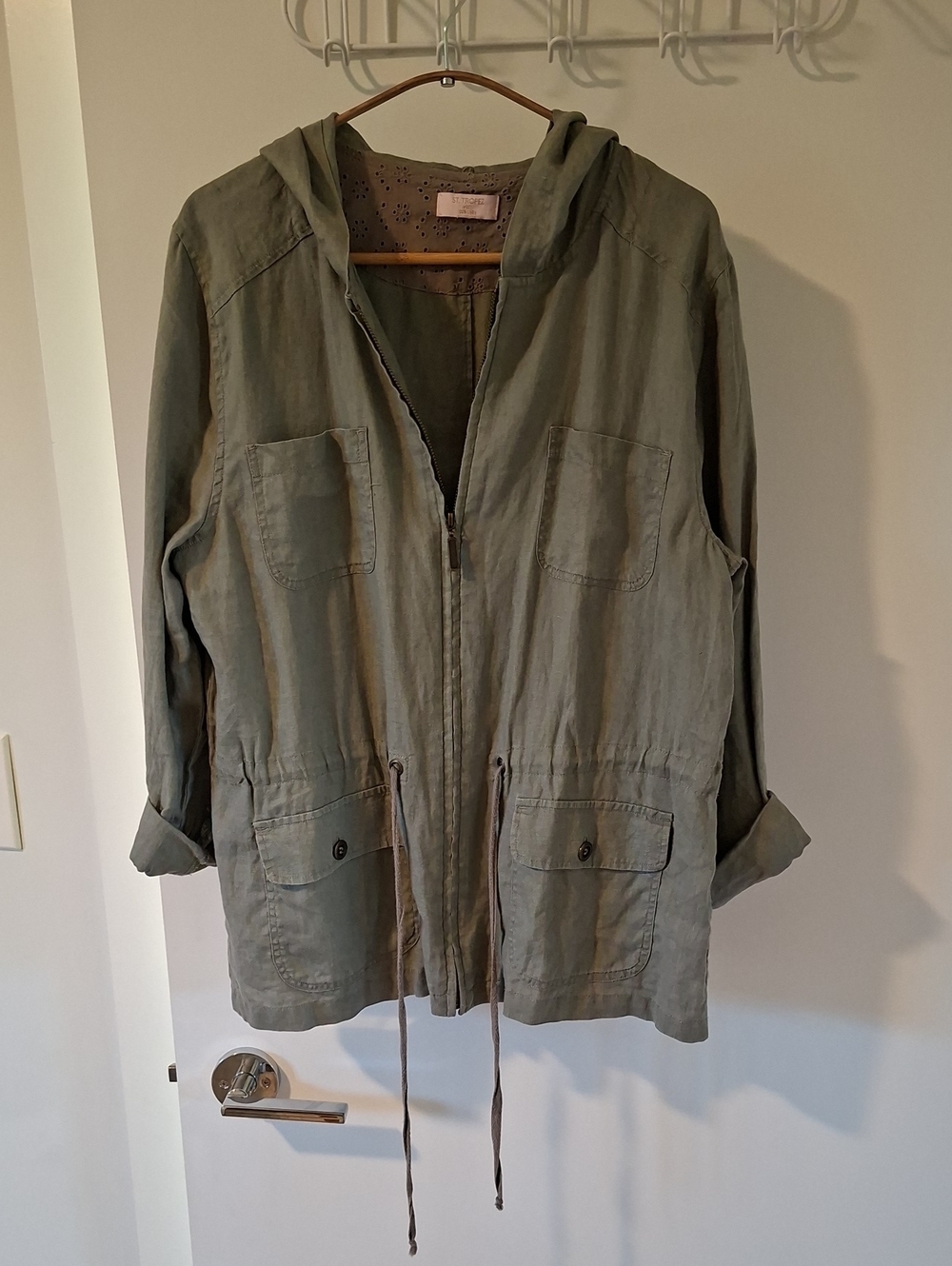 Saint Tropez Luxury Olive/Khaki 100% Linen Tie-Waist Field/Cargo Coat (US M)